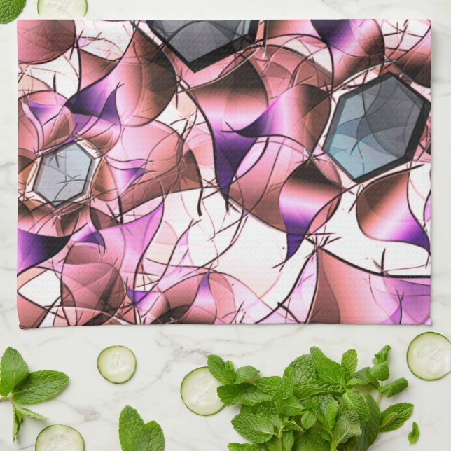 Hexagoner omgivna av rosa petalliknande former kökshandduk (Vikta)