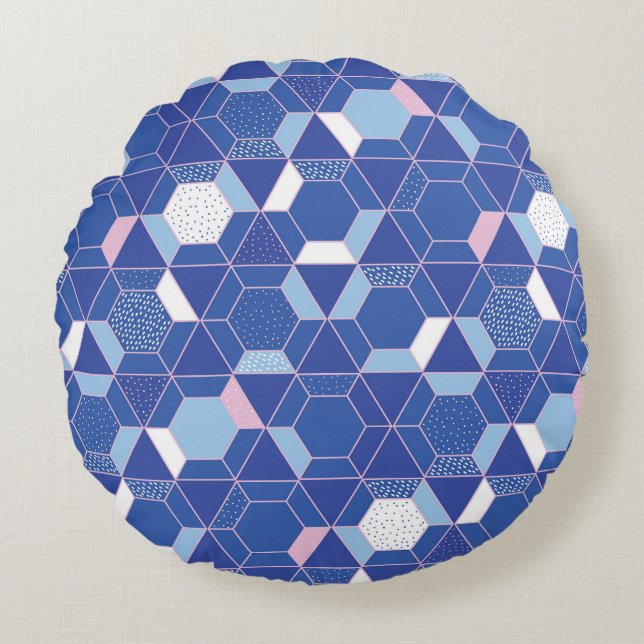 Hexagoner, trianglar: geometrisk abstrakt mönster. rund kudde (Framsidan)