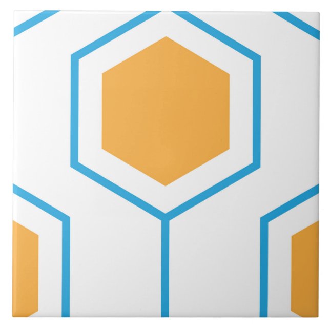 Hexagons abstrakt geometriskt mönster i orange blu kakelplatta (Framsidan)