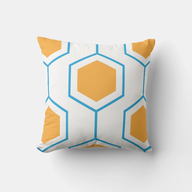 Hexagons abstrakt geometriskt mönster i orange blu kudde (Framsida)
