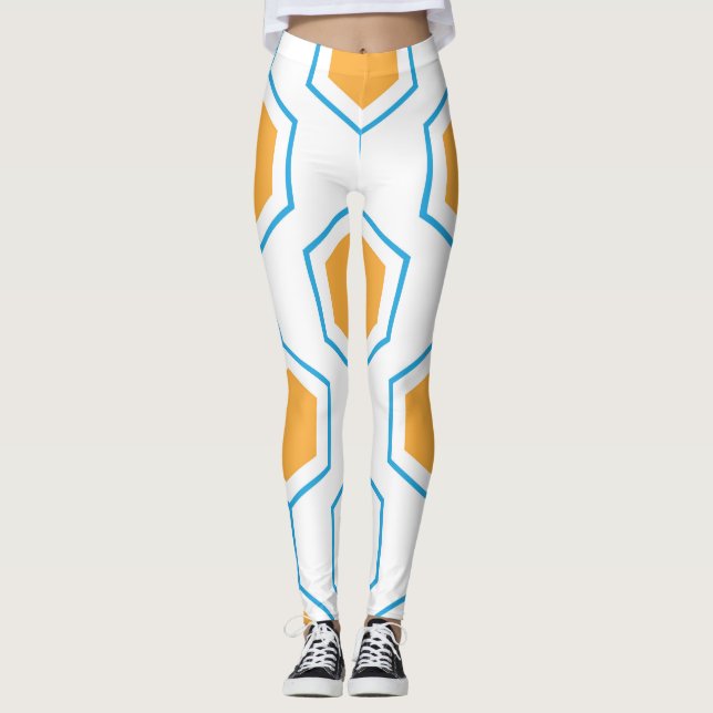 Hexagons abstrakt geometriskt mönster i orange blu leggings (Framsida)