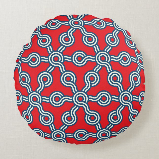 Hexagonstödraster, rött blått, geometriskt mönster rund kudde (Framsidan)
