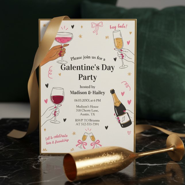 Hey Babe Galentines Inbjudan Guld Ram (A trendy Galentine's Day invitation with gold frame border)