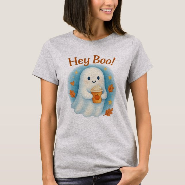 Hey Boo! Cute Ghost with Pumpkin Latte  T Shirt (Framsida)