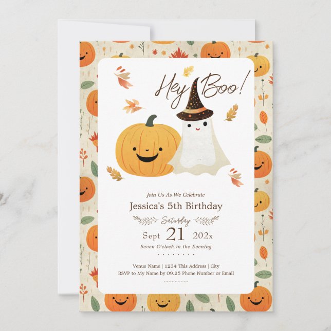 Hey Boo Halloween 5-års födelsedagsinbjudan Inbjudningar (Framsida)
