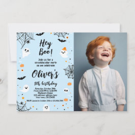 Hey Boo, invitación de Halloween azul con foto Inbjudningar