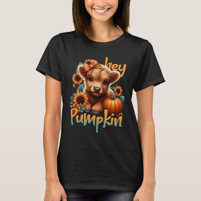 Hey Pumpa Tacksam Highland Cow Höst Autumn Tha T Shirt (Framsida)