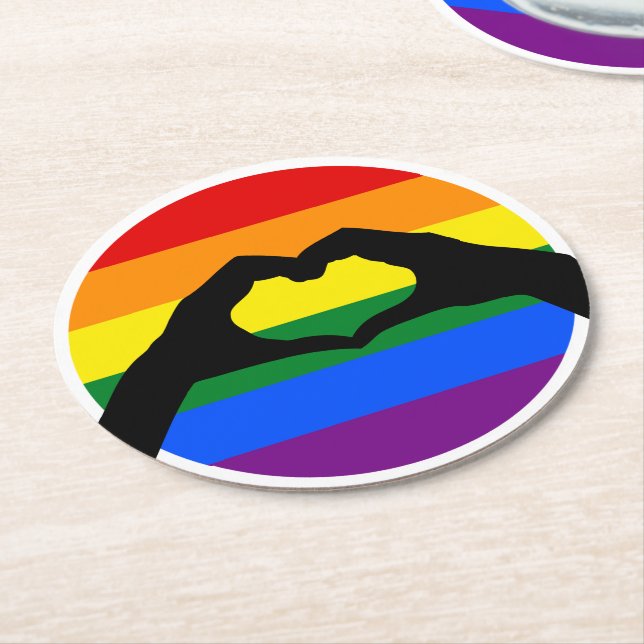 HGBT Gay pride Rainbow och Heart Hand Silhouette Underlägg Papper Rund (Vinklad)
