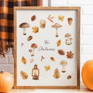 Hi Autumn Wall Art – Cozy Fall Print with Mushroom Poster