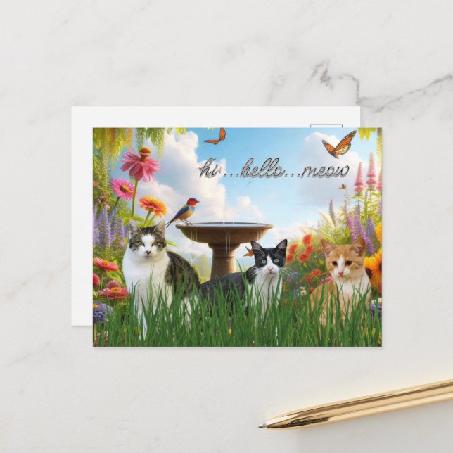Hi Hej Meow/Cats in the Garden Cute Animal Vykort (Fram/Back In Situ)