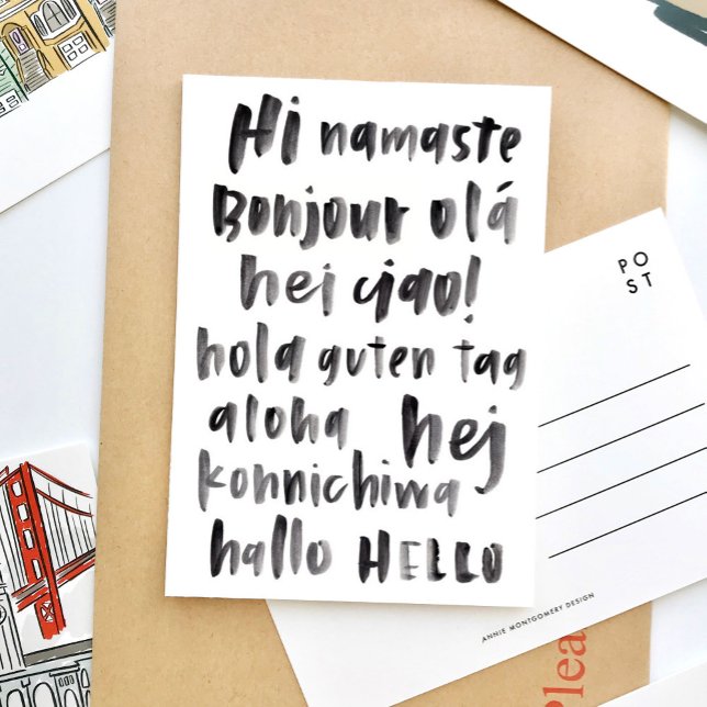 Hi Hej Multilingual World Internationell Language Vykort (Black and white watercolor lettering language travel postcard.)
