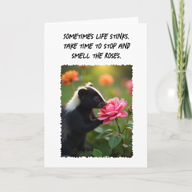 Hi Hej Thinking of You Roligt Skunk Rosa ros Card Kort (Framsida)