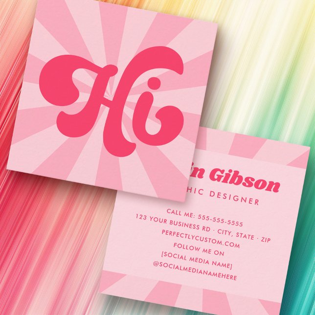 Hi retro rosa eller färg sunburst fyrkantigt visitkort (Hi retro pink or any color sunburst square business card)