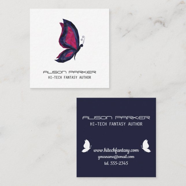 Hi tech butterfly vingar fantasyförfattare fyrkantigt visitkort (Fram/baksida)