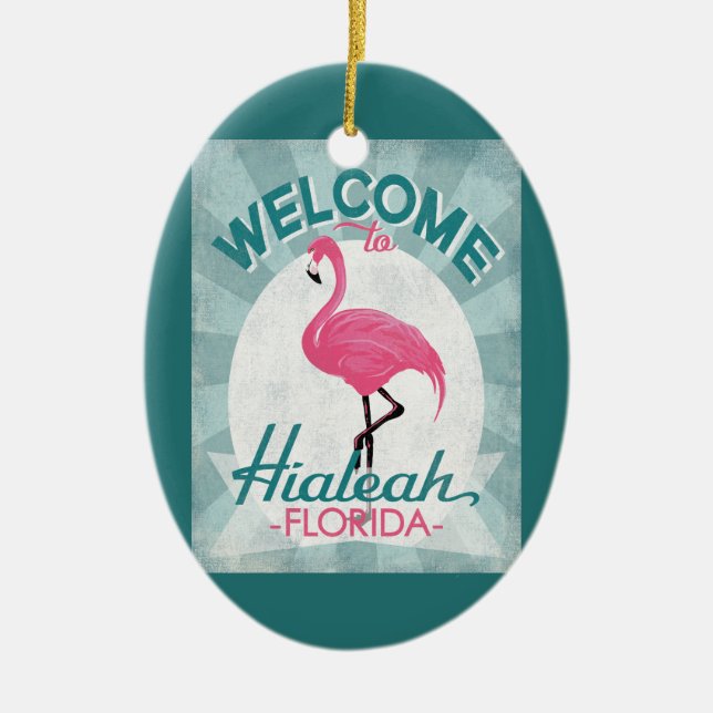 Hialeah Florida Rosa Flamingo Retro Julgransprydnad Keramik (Framsidan)