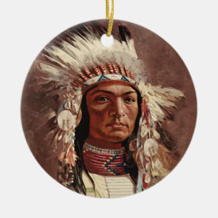 Hiawatha Native Indian Chief Porträtt Julgransprydnad Keramik