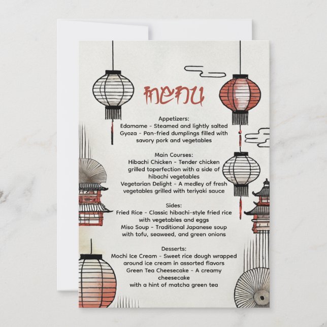 Hibachi Dinner Menu med japanska Lanternor Inbjudningar (Framsida)