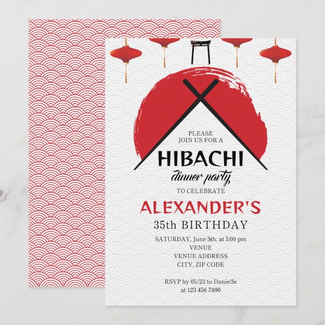 Hibachi Födelsedagsfest Private Chef Japanskt tema Inbjudningar (Fram/baksida)