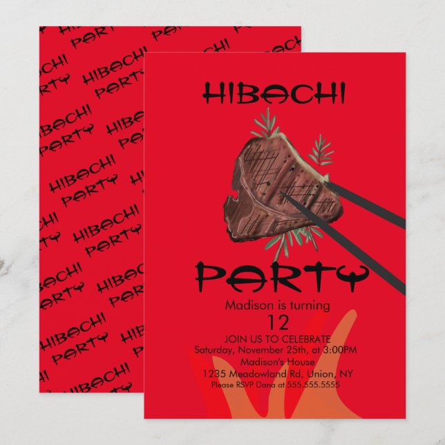 Hibachi Steak Japansk Restaurang Festinladan Inbjudningar (Fram/baksida)