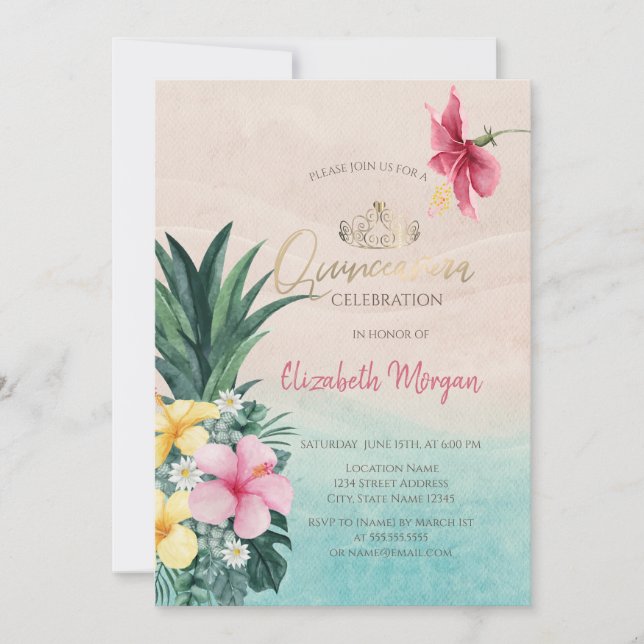 Hibiscus Ananas Sommar Quinceañera Inbjudningar (Framsida)