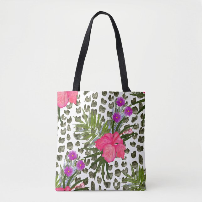 Hibiscus Animal: Vattenfärgen Seamless Mönster. Tygkasse (Framsida)