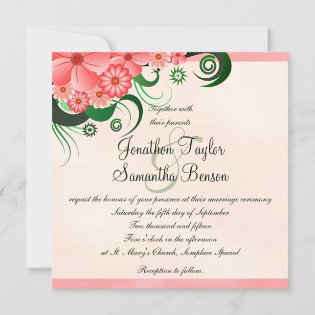 Hibiscus Blommigt Rosa 5,25-tums Bröllopsinbjudnin Inbjudningar (Framsida)