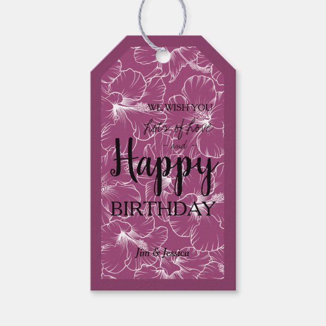 Hibiscus Blommigt Sketch Raspberry Presentetikett (Framsidan)