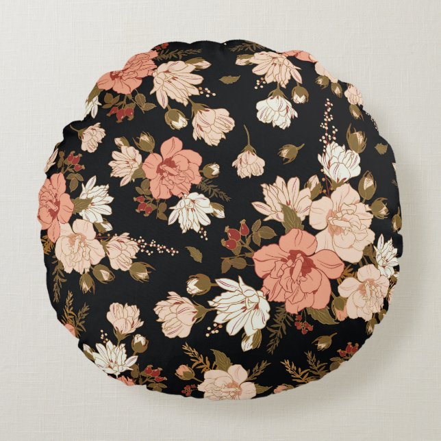 Hibiscus-Blommigt: Sömlös Mönster design Rund Kudde (Framsidan)