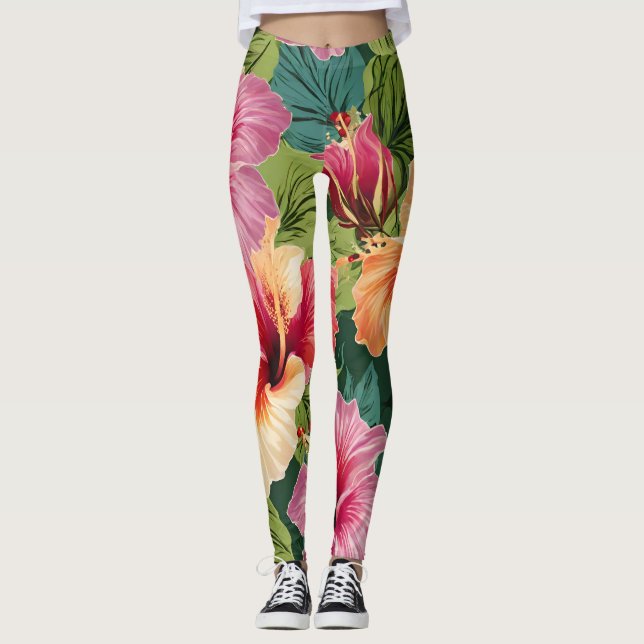 Hibiscus Blommönster Leggings (Framsida)