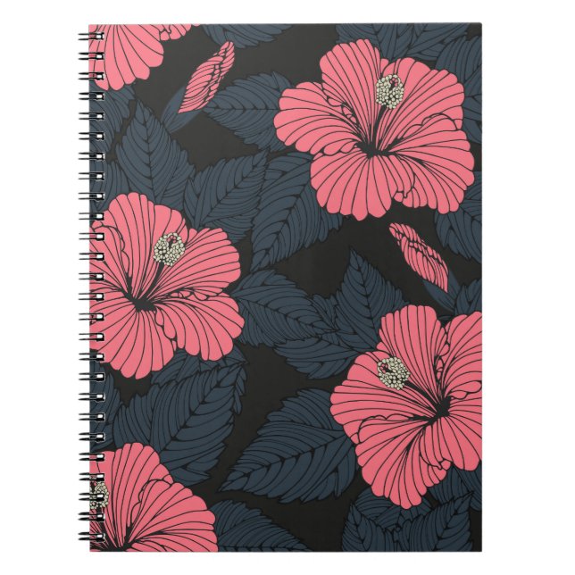 Hibiscus blommor: mörk sömlös tapet. anteckningsbok (Framsidan)
