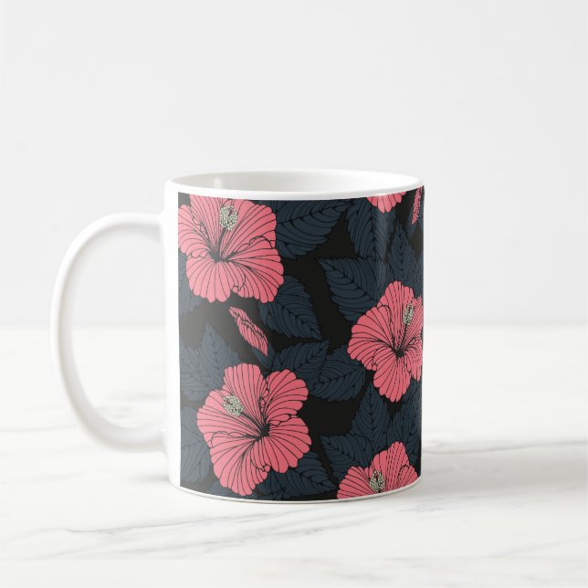 Hibiscus blommor: mörk sömlös tapet. kaffemugg (Vänster)