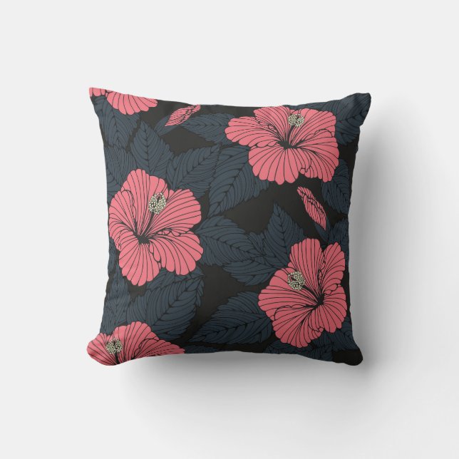 Hibiscus blommor: mörk sömlös tapet. kudde (Framsida)