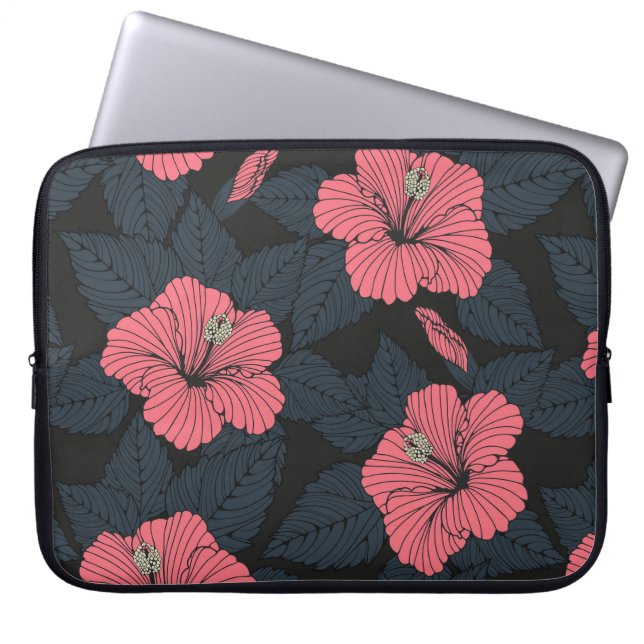 Hibiscus blommor: mörk sömlös tapet. laptop fodral (Framsidan)