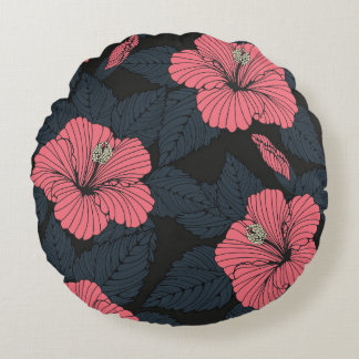 Hibiscus blommor: mörk sömlös tapet. rund kudde