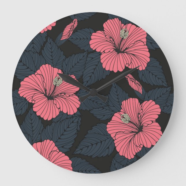 Hibiscus blommor: mörk sömlös tapet. stor klocka (Framsida)