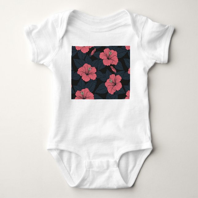 Hibiscus blommor: mörk sömlös tapet. t shirt (Framsida)