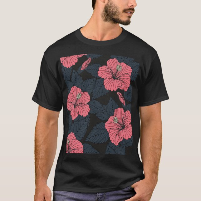 Hibiscus blommor: mörk sömlös tapet. t shirt (Framsida)