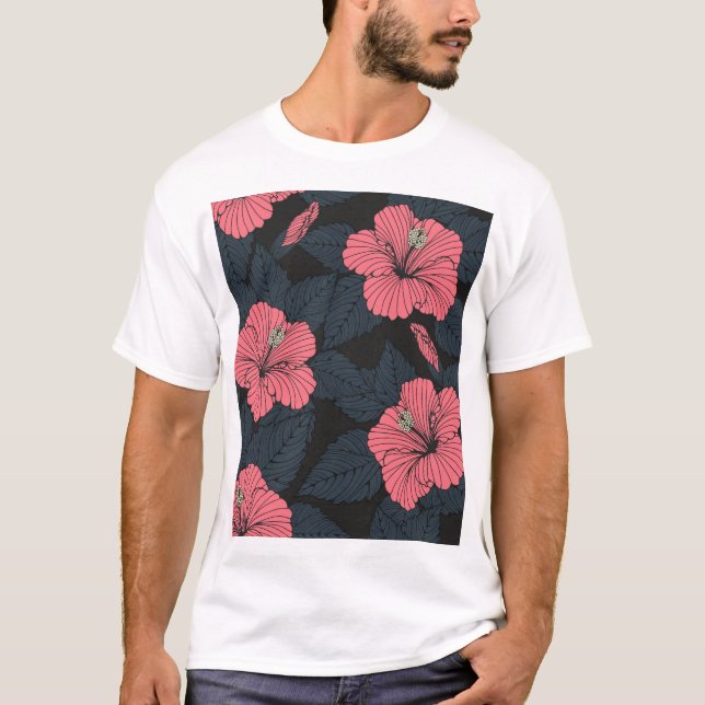 Hibiscus blommor: mörk sömlös tapet. t shirt (Framsida)