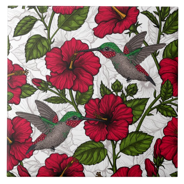 Hibiscus-blommor och hummingfåglar kakelplatta (Framsidan)