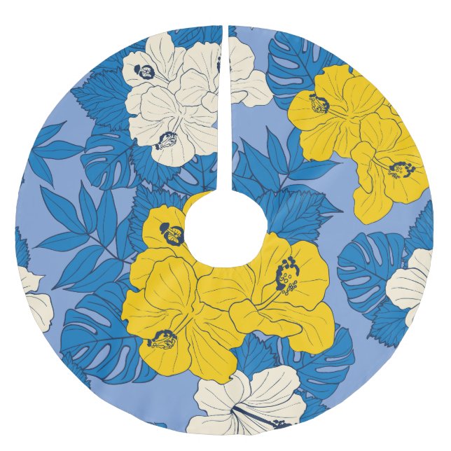 Hibiscus-blommor och löv julgransmatta borstad polyester (Framsidan)