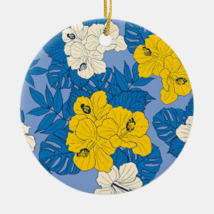 Hibiscus-blommor och löv julgransprydnad keramik
