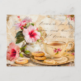 Hibiscus Blossoms with Fantasy Script and Tea Cup Vykort