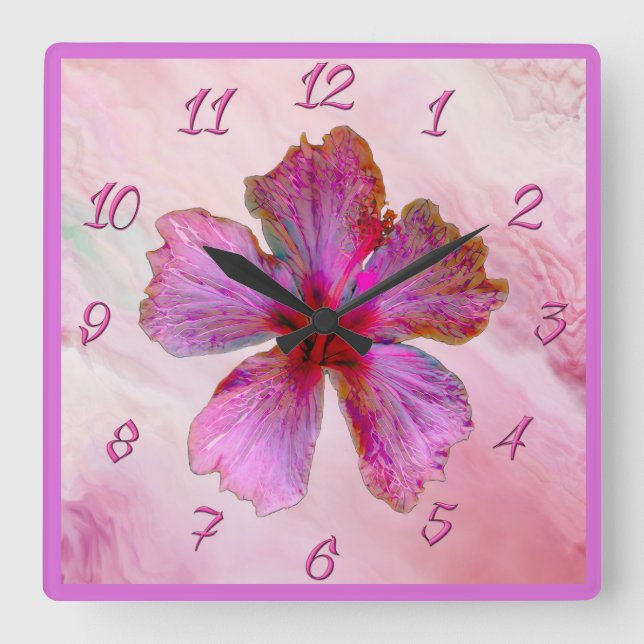 Hibiscus Design Blommigt Clock in Pinks Fyrkantig Klocka (Framsida)