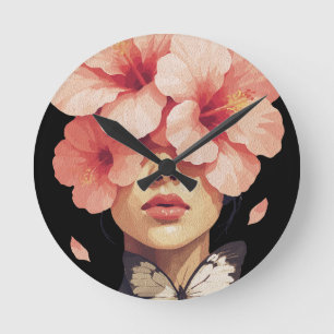 Hibiscus & Fjäril – Modern blomsterbotanik Rund Klocka