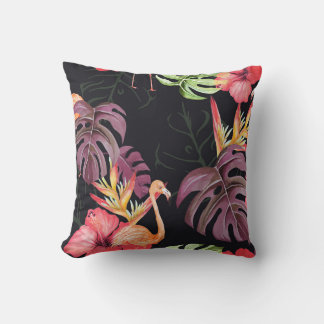 Hibiscus, Flamingos, Watercolor Tropical Mönster. Kudde