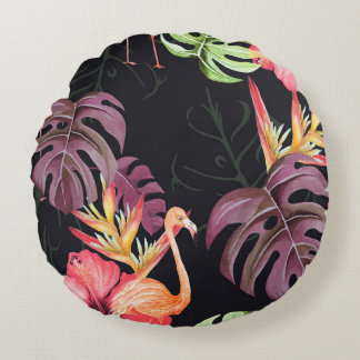 Hibiscus, Flamingos, Watercolor Tropical Mönster. Rund Kudde