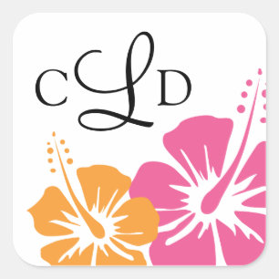 Hibiscus Flower Monogram Bröllop Fyrkantigt Klistermärke