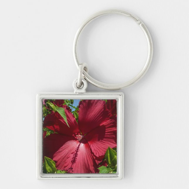 Hibiscus Flower och Blå himmel Fyrkantig Silverfärgad Nyckelring (Framsidan)