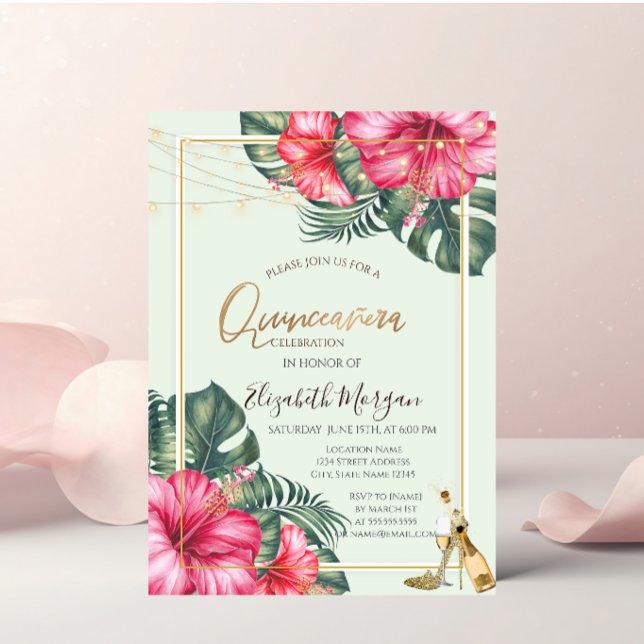 Hibiscus,Guld Heels Glitter Quinceanera Inbjudningar (Skapare uppladdad)