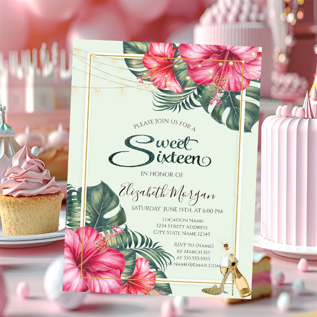 Hibiscus, Guldklackar Glitter Sweet 16 Inbjudningar (Skapare uppladdad)
